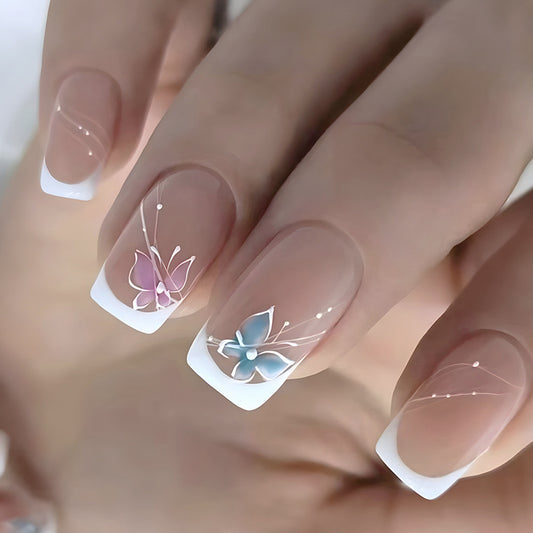 Whimsical Butterfly Dreams Medium Square Clear with Delicate Floral Accents Press on Nail Set