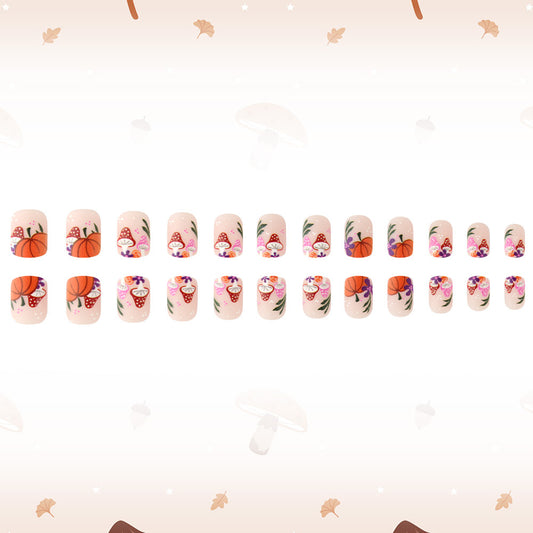 Autumn Harvest Inspired Short Square Beige Press-On Nail Set with Playful Pumpkin and Floral Designs