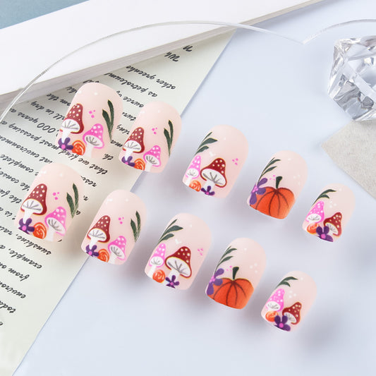 Enchanted Forest Press On Nail Set Short Square Pink with Whimsical Mushroom and Pumpkin Designs