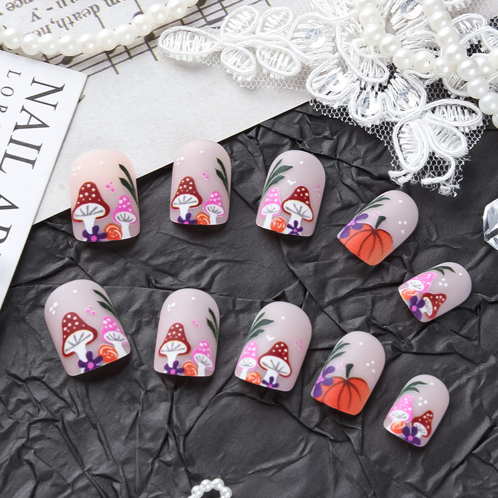 Whimsical Autumn Hues Full-Arch Matte Short Square Press-On Nail Set with Enchanting Mushroom and Floral Designs
