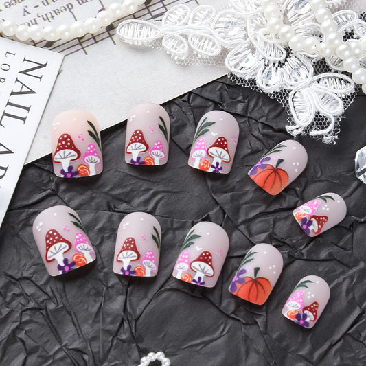Whimsical Autumn Hues Full-Arch Matte Short Square Press-On Nail Set with Enchanting Mushroom and Floral Designs