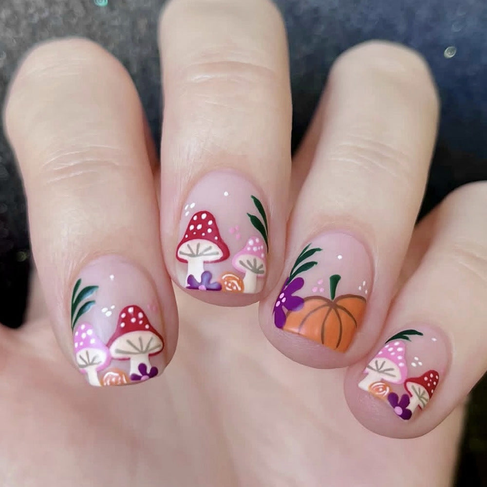 Autumn Enchantment Short Square Beige with Whimsical Mushroom and Pumpkin Design Press On Nail Set