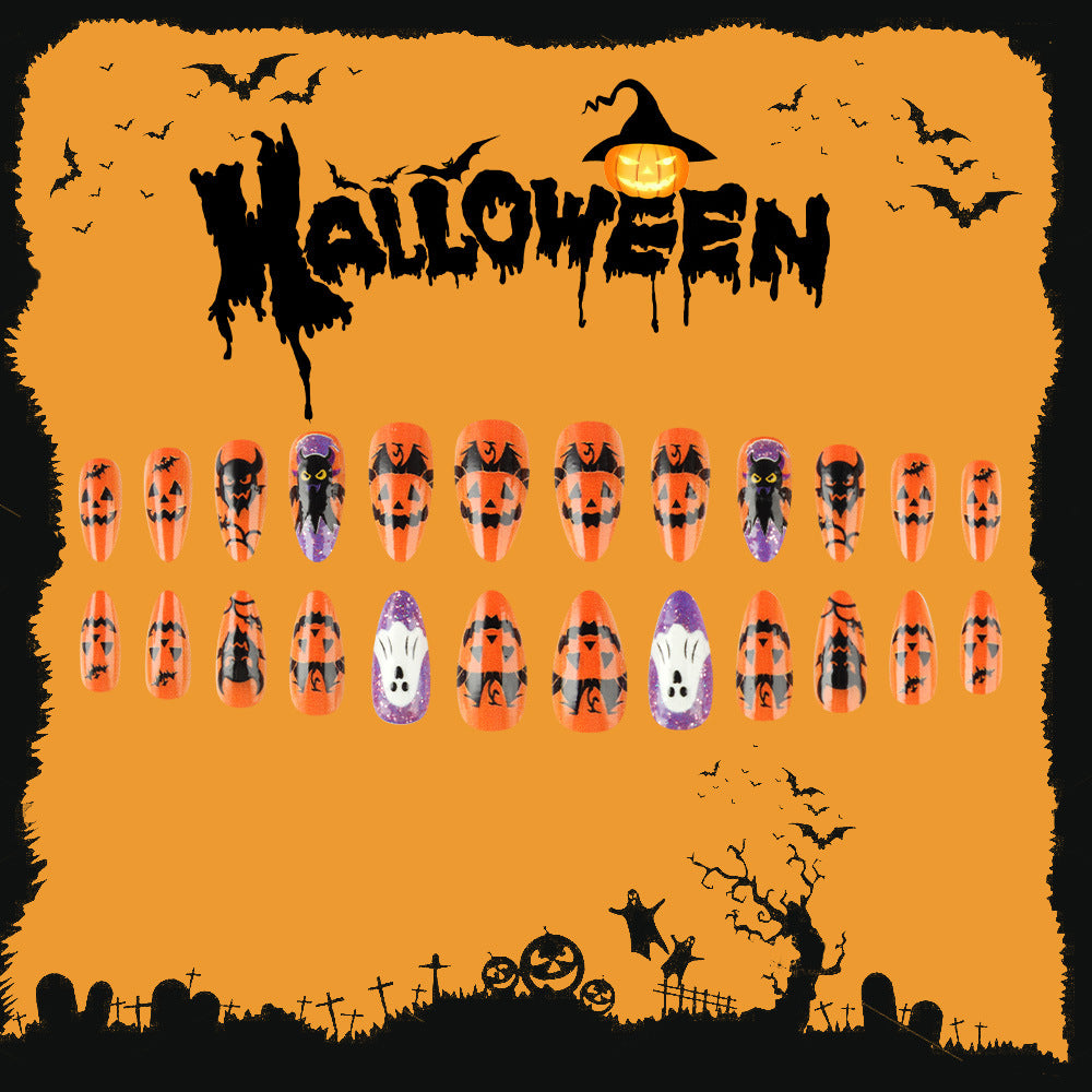 Spooky Halloween Long Almond Orange Nails with Halloween-Themed Designs