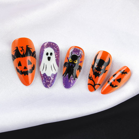 Spooky Halloween Long Almond Orange with Ghostly and Pumpkin Designs Press On Nail Set