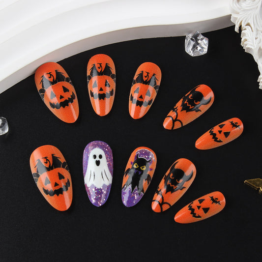 Spooky Halloween Long Oval Orange Nail Set with Creepy Pumpkin and Ghost Designs