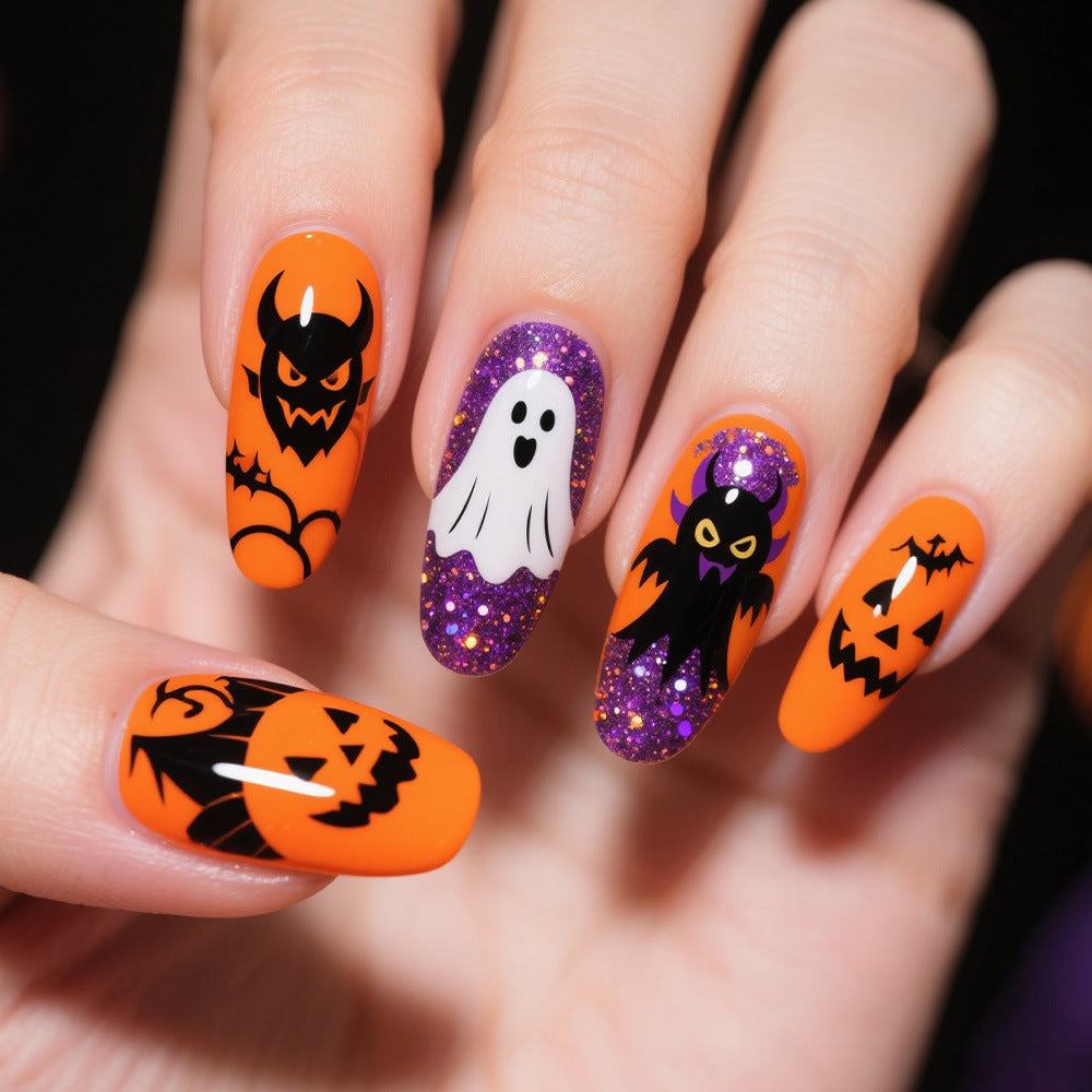 Spooky Halloween Long Oval Orange and Purple Glitter Press on Nail Set with Adorable Character Designs