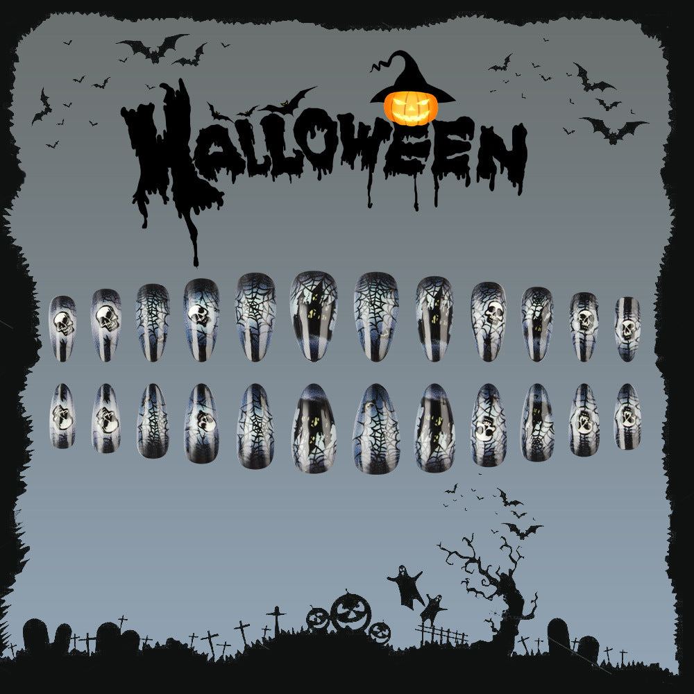 Spooky Enchantment Medium Almond Black and Silver with Creepy Spider Web Design Press on Nail Set