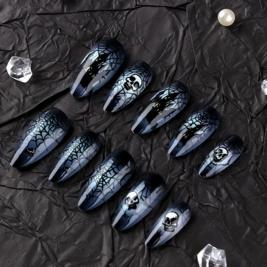 Haunted Elegance Medium Almond Black with Spiderweb and Skull Design Press on Nail Set