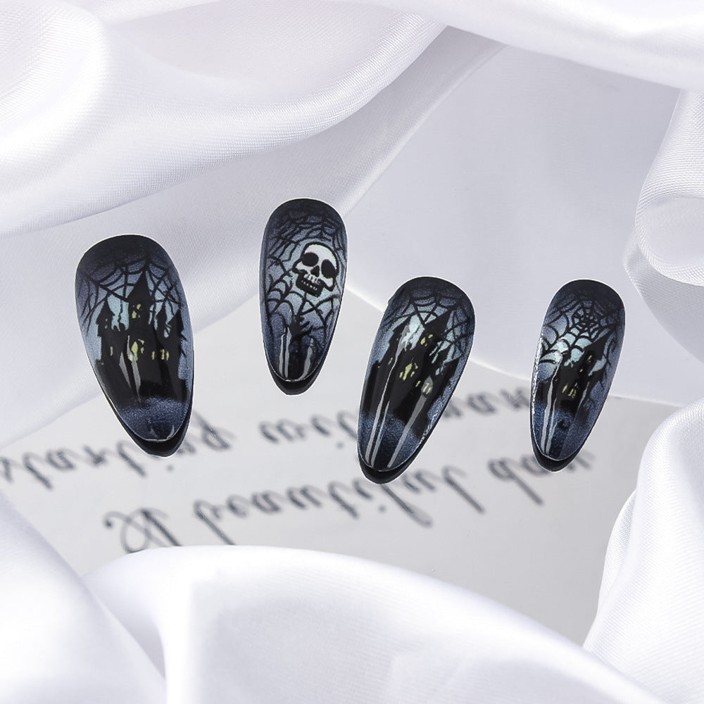 Hauntingly Beautiful Medium Almond Shaped Black Press On Nails with Spooky Skull and Spiderweb Design
