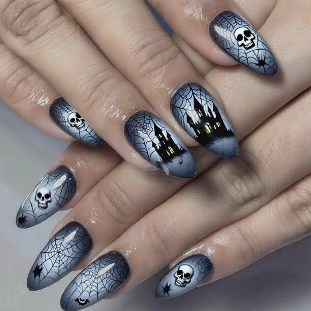 Spooky Gothic Medium Almond Shaped Black and Grey Ombre Press On Nail Set with Skull and Spider Web Designs