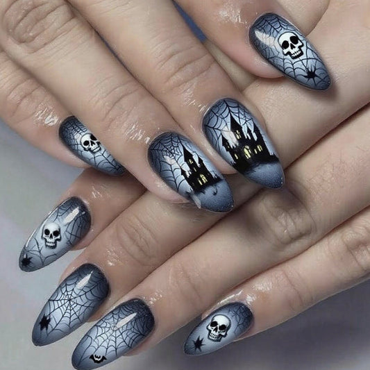 Spooky Gothic Medium Almond Shaped Black and Grey Ombre Press On Nail Set with Skull and Spider Web Designs