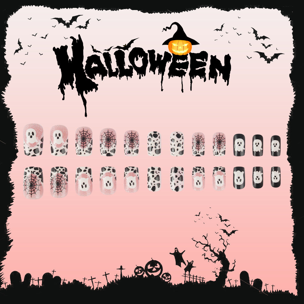 Spooky Spectacle Medium Square Black and White Ghost-themed Press on Nail Set