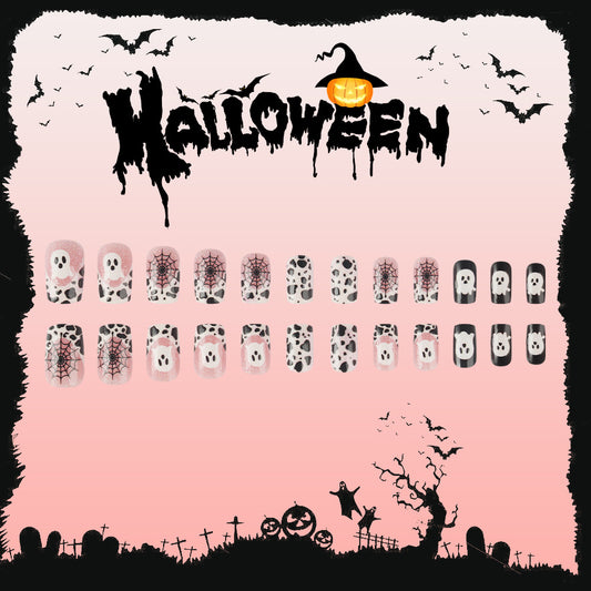 Spooky Spectacle Medium Square Black and White Ghost-themed Press on Nail Set