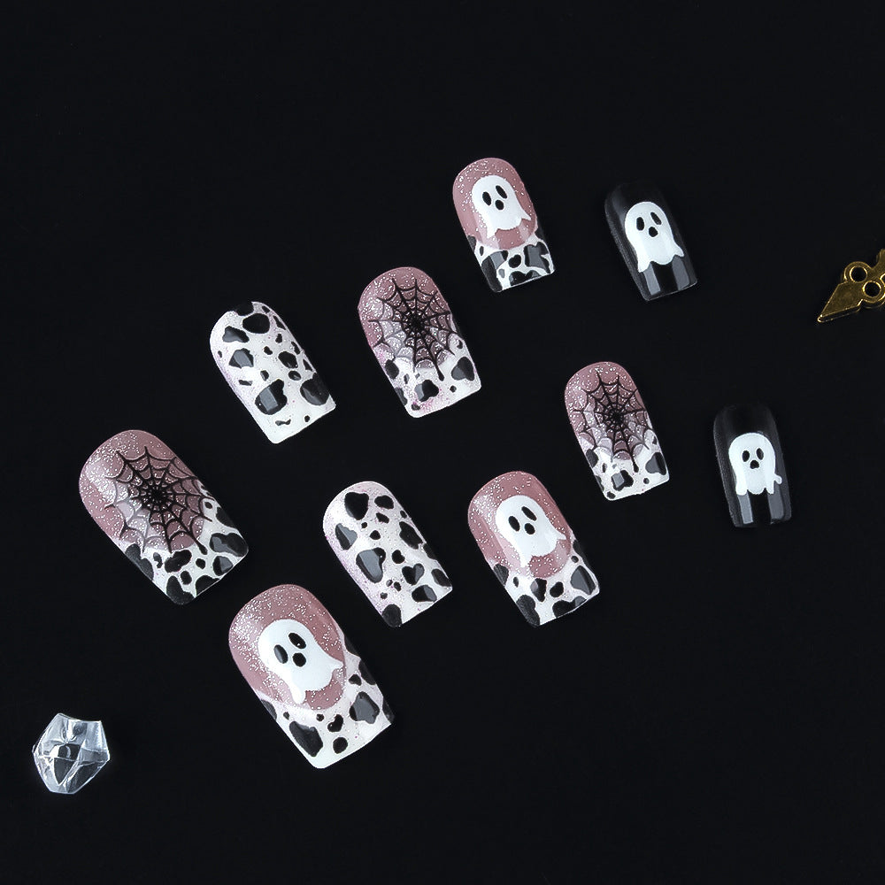 Hauntingly Chic Medium Square Pink and Black Nail Set with Ghost and Spider Web Design