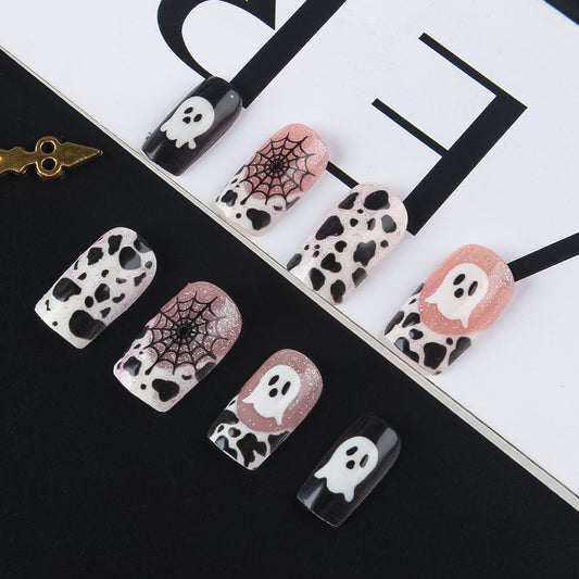 Spooky Chic Medium Square Long Black and White Cow Print with Ghost and Spider Nail Press Set