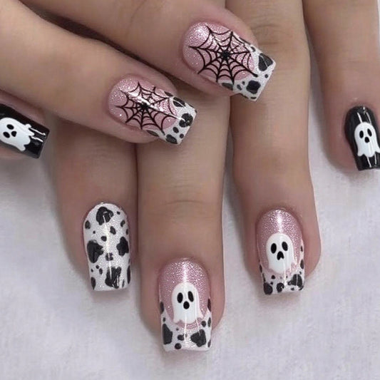 Spooky Elegance Medium Square Pink Black and White Ghost and Spiderweb Press On Nail Set