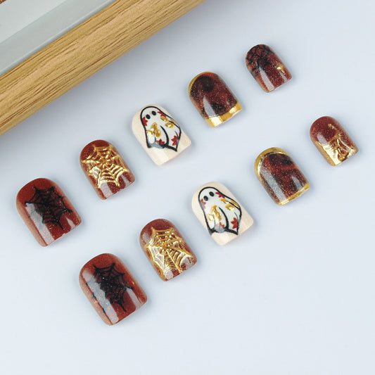 Spooky Charm Short Square Burgundy with Ghost and Spiderweb Design Press on Nail Set