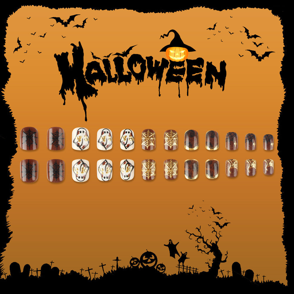 Spooky Elegance Short Square Orange and Gold Halloween Themed Press On Nail Set with Intricate Designs