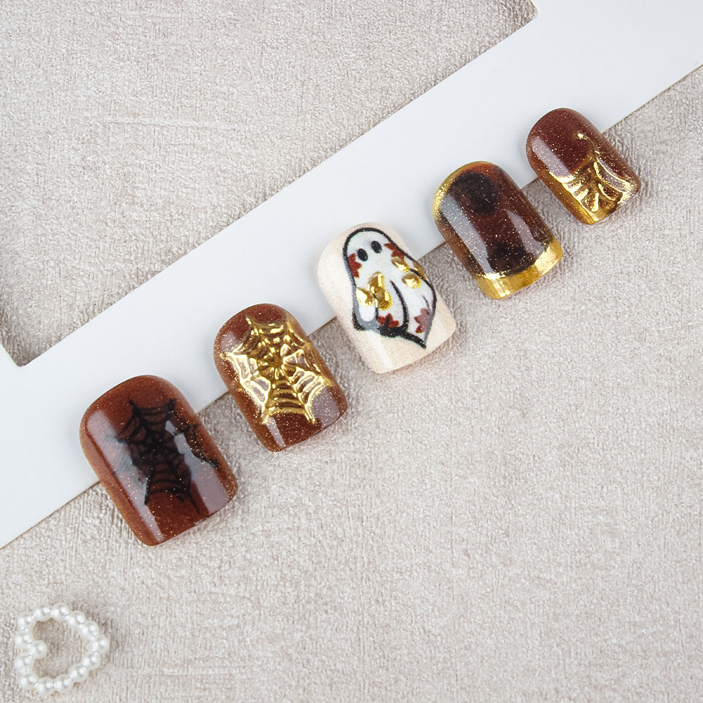 Spooky Elegance Short Square Brown with Ghost and Spider Web Design Press On Nail Set