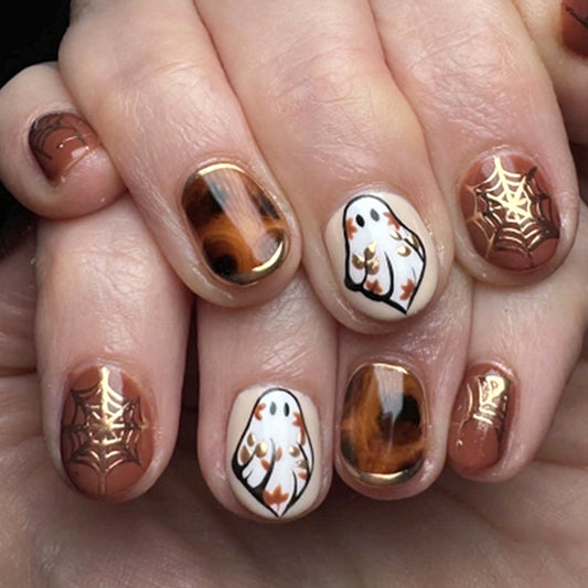 Spooky Autumn Short Round Brown with Ghost and Spider Web Design Press on Nail Set