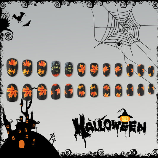 Spooky Autumn Vibes Medium Oval Black with Vibrant Orange Leaf Designs Press on Nail Set