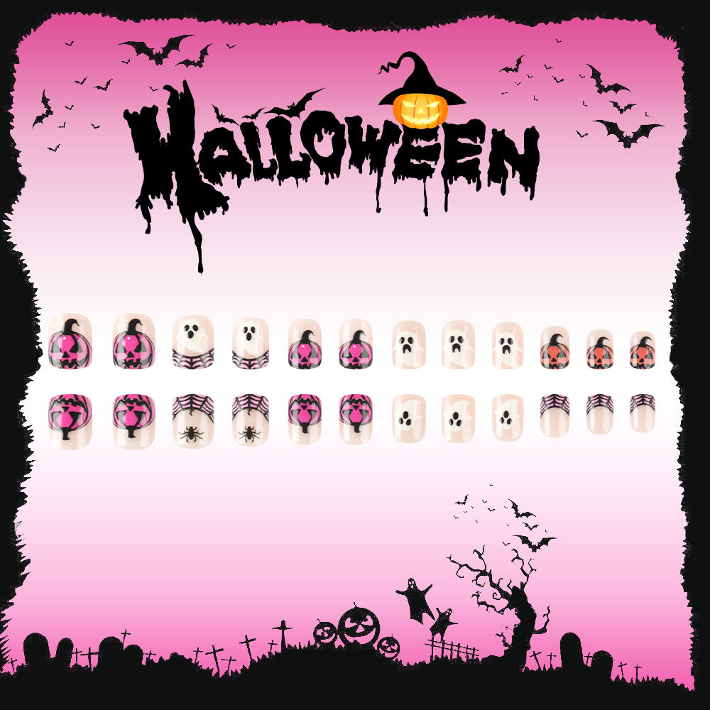 Spooky Halloween Medium Square Pink and Black Nail Set with Fun Pumpkin and Ghost Designs