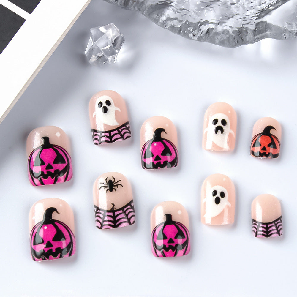 Spooktacular Halloween Inspired Medium Square Pink and Black Press On Nail Set Featuring Fun Pumpkin and Ghost Designs