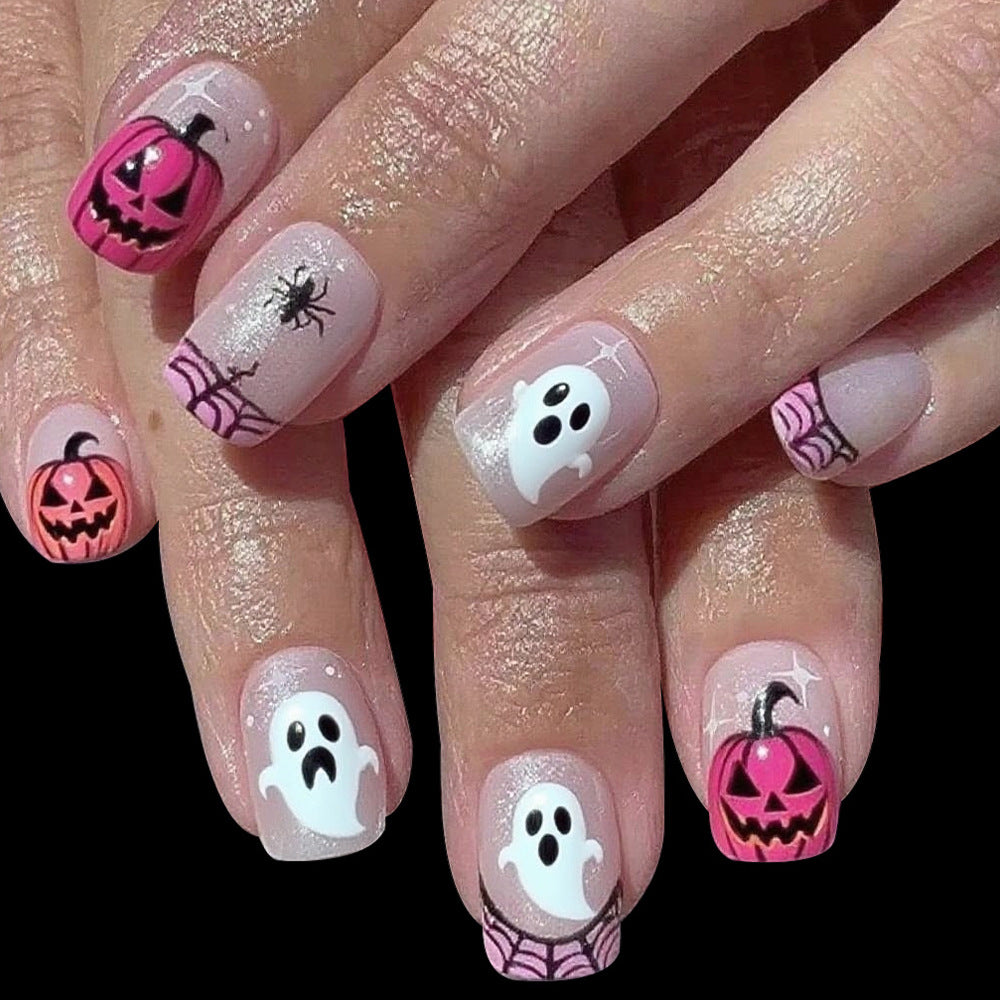 Haunted Halloween Medium Square Press on Nail Set in Spooky Pink and White with Ghost and Pumpkin Designs