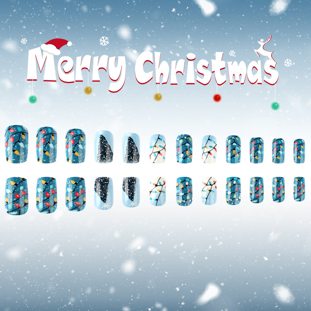 Festive Wonderland Medium Square Blue with Christmas Lights and Glitter Accent Press-On Nail Set