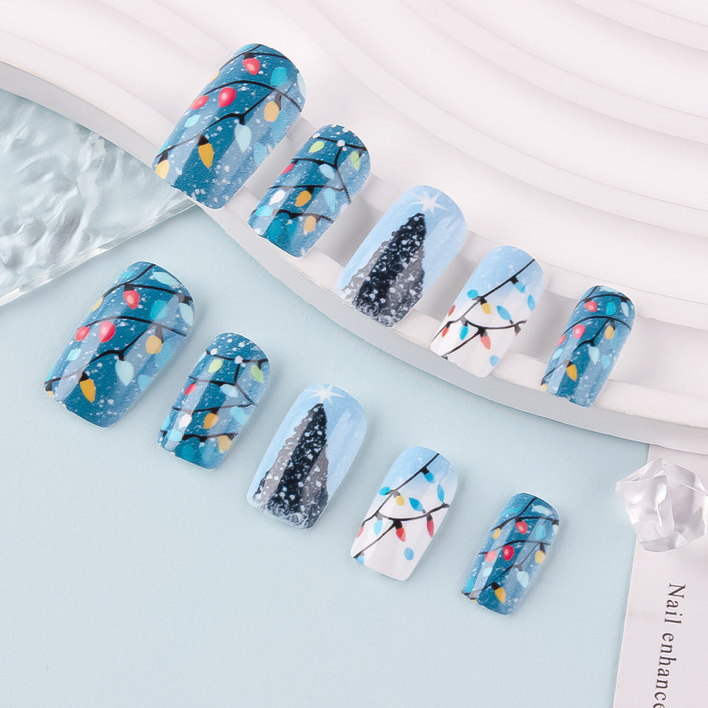 Festive Winter Wonderland Medium Square Blue with Vibrant Holiday Lights Design Press On Nail Set