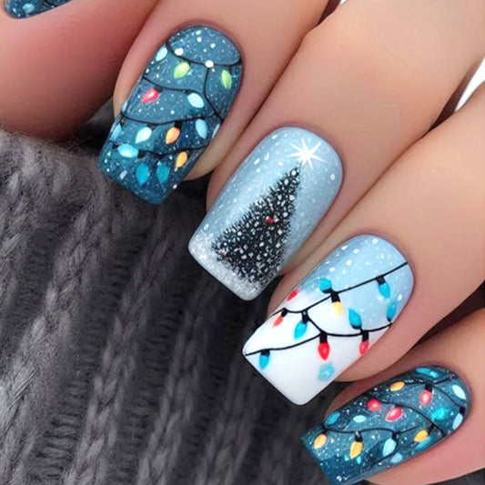 Winter Wonderland Medium Square Blue with Sparkling Christmas Lights Press on Nail Set