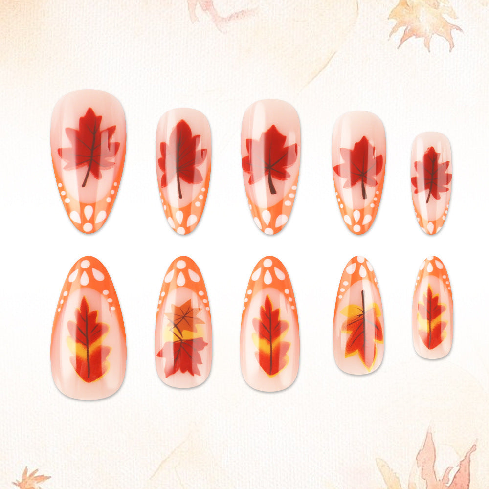 Autumn Inspired Medium Almond Orange Press On Nail Set with Leaf Design Feature