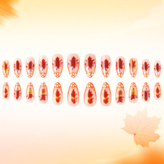 Autumn Leaf Elegance Long Almond Orange Gradient with Artistic Leaf Design Press on Nail Set