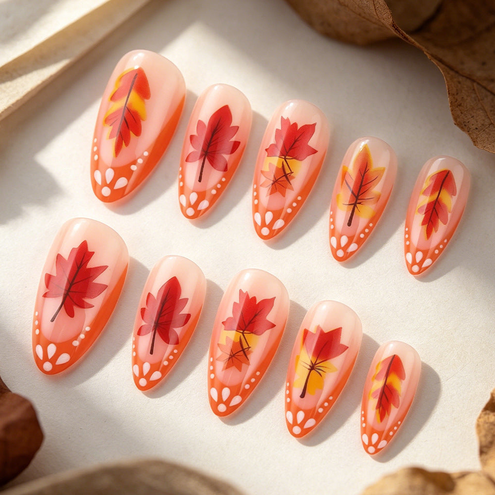 Autumn Vibes Medium Almond Orange Gradient with Leaf Design Press on Nail Set