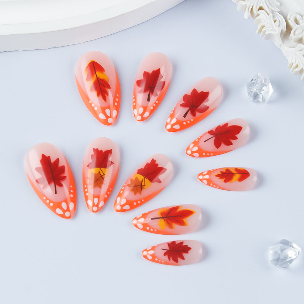 Autumn Bliss Long Almond Orange Press On Nail Set Featuring Intricate Leaf Designs