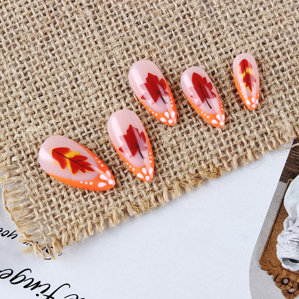 Autumn Elegance Long Almond Peach and Orange Gradient with Leaf Design Press On Nail Set