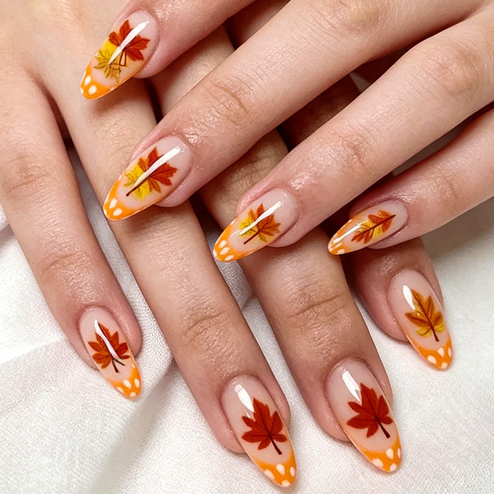 Autumn Vibes Medium Almond Orange with Leaf Design Press on Nail Set