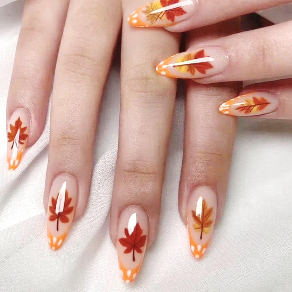 Autumn Bliss Long Almond Gradient Orange with Leaf Design Press On Nail Set
