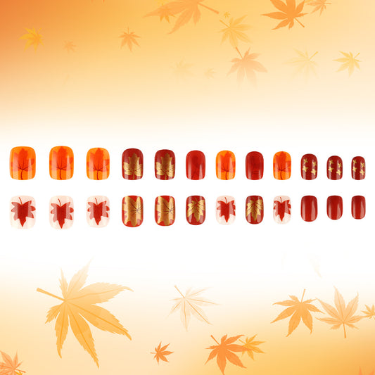 Autumn Radiance Short Square Press On Nail Set in Bright Red and Warm Orange with Elegant Gold Leaf Detail