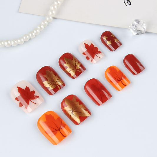 Autumn Elegance Short Square Red and Orange Press on Nails with Gold Leaf Design
