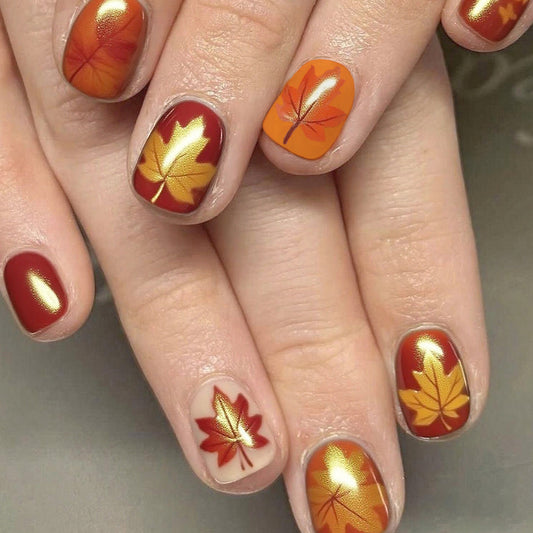 Autumn Elegance Short Square Orange and Red Leaf Pattern Press on Nail Set