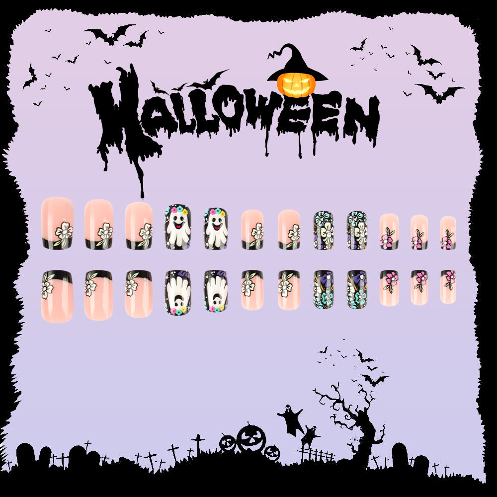 Halloween Mystique Long Square Pink Black Ghost Floral Design Press on Nail Set