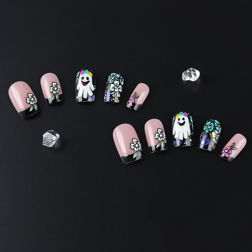 Charming Floral Fantasy Long Square Pink Ghostly Design Press On Nail Set