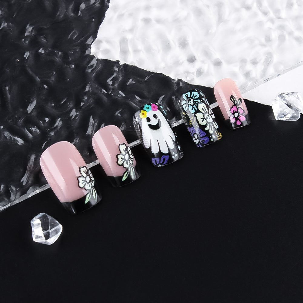 Whimsical Floral Fantasy Long Square Pink with Playful Ghost Design Press-On Nail Set