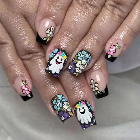 Spooky Floral Long Square Press On Nail Set Featuring Colorful Ghosts and Vibrant Flowers