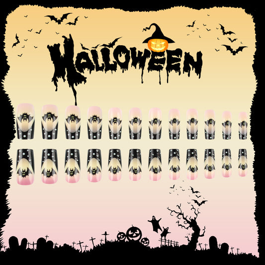 Spooky Halloween Long Square Press-On Nails in Black and Beige with Bat and Polka Dot Design