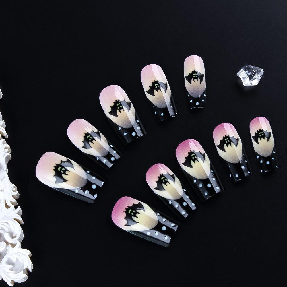 Spooky Elegance Long Square Style Black Pink Press On Nail Set with Unique Bat Design