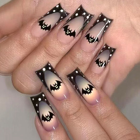 Spooky Bat Inspired Long Square Black Ombre Nail Set with Glitter Detail