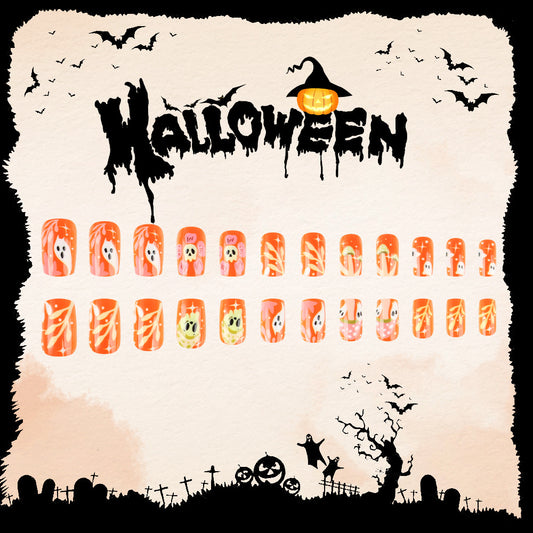 Spooky Halloween Medium Square Orange Glow in the Dark Ghost Nail Set
