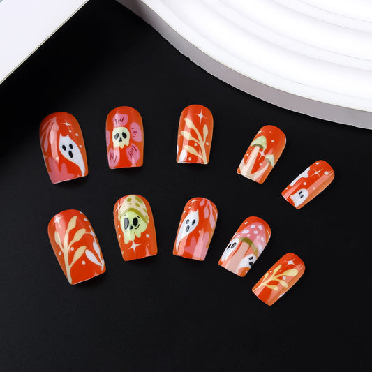 Enchanted Autumn Press-On Nails Medium Square Orange Delightful Floral and Ghostly Designs